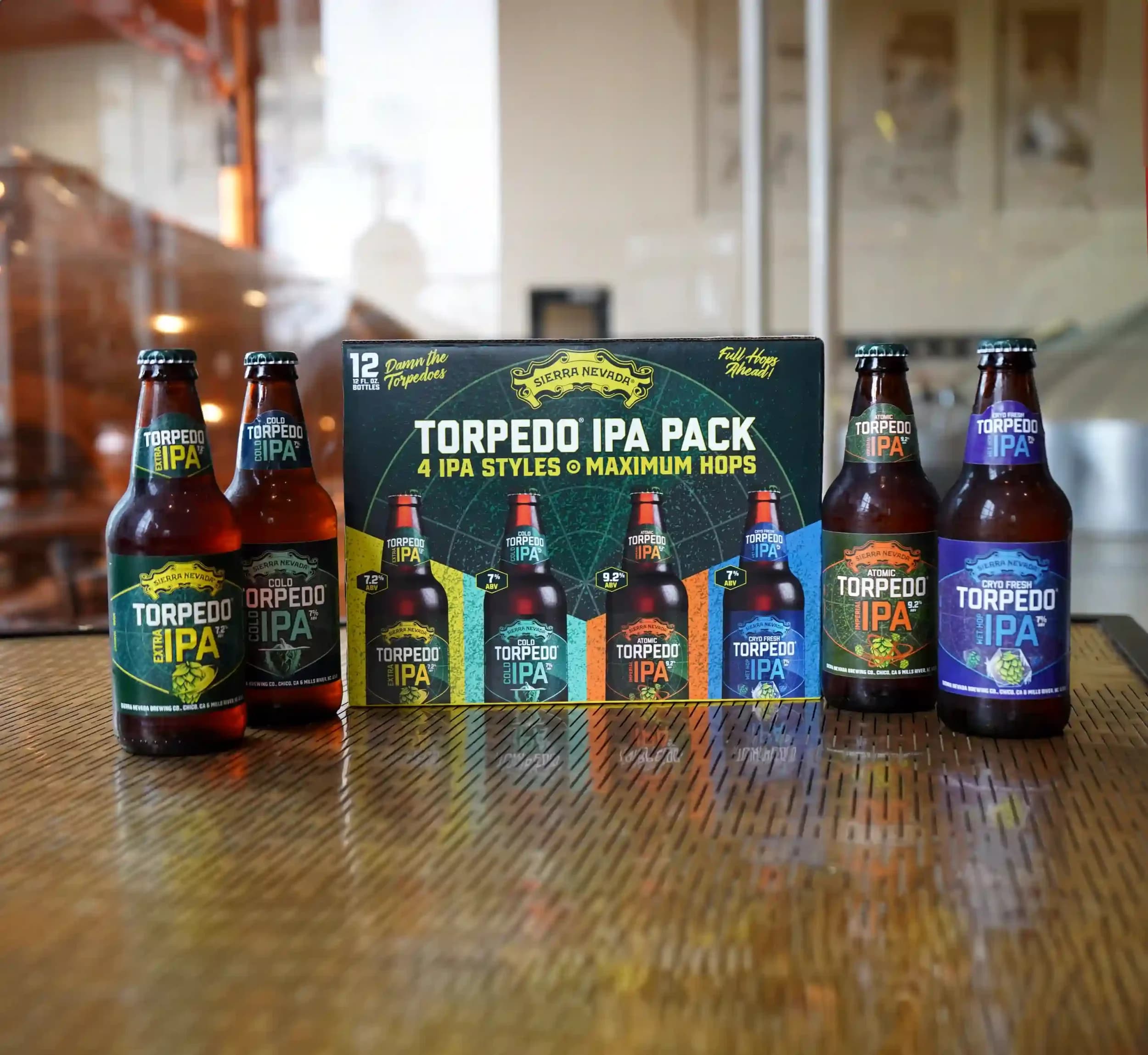 Torpedo IPA 12-Pack with Torpedo bottles off to the side